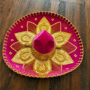Authentic Mexican Sombrero Pink Velvet Gold Embroidered Details Mariachi Fiesta